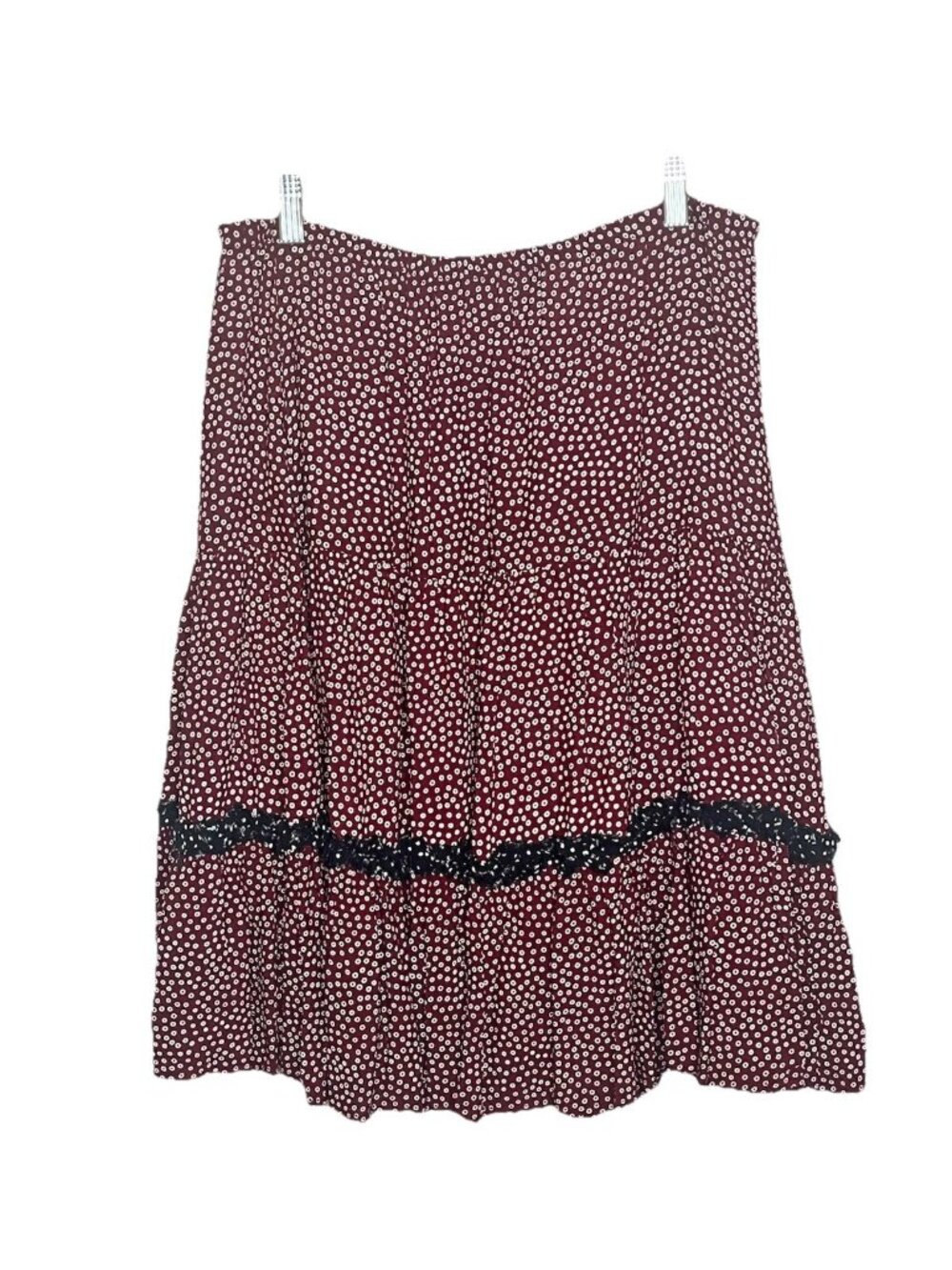 Marla Duran Rayon Tiered Ruffle Skirt Burgundy Polka Dot Lace Trim Sz L Boho